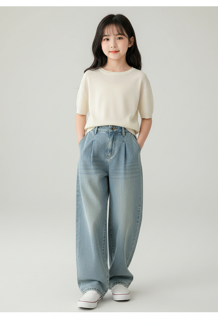Pantalon Baggy Fille Bleu Taille Haute - Jean