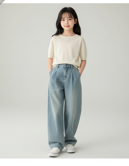 Pantalon Baggy Fille Bleu Taille Haute - Jean
