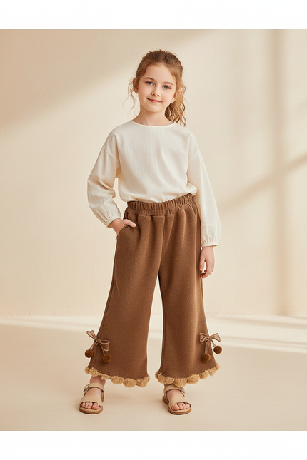 Pantalon Baggy Marron Évasé Pompons Velours Fille