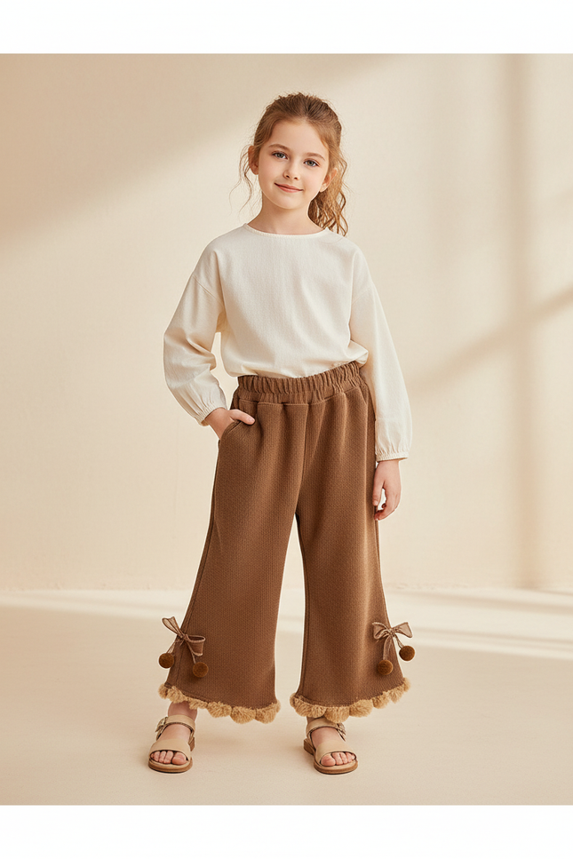 Pantalon Baggy Marron Évasé Pompons Velours Fille