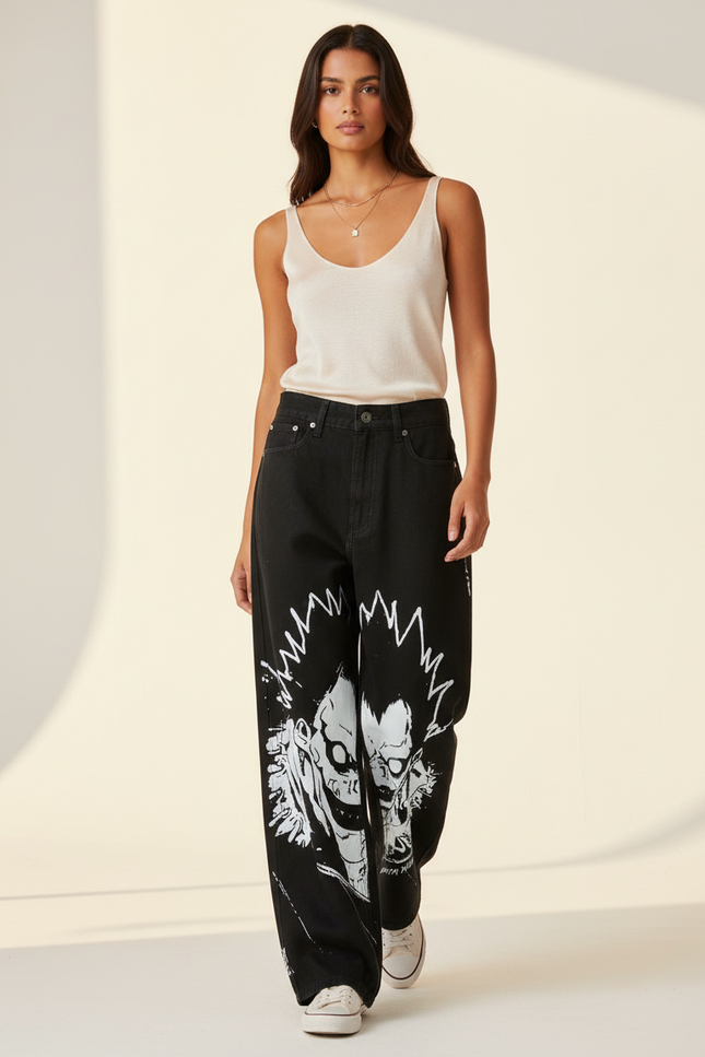 Pantalon Baggy Noir Ample Dessin Animé Streetwear Femme - Jean