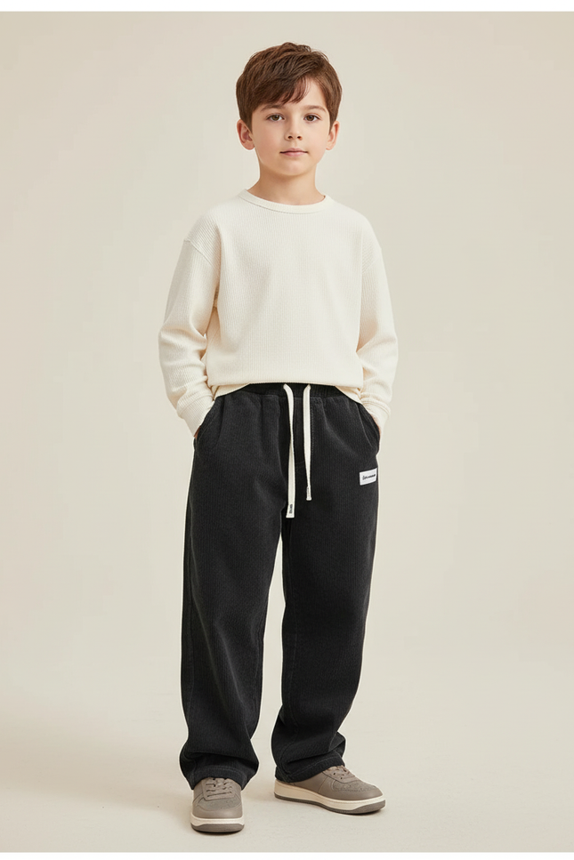 Pantalon Baggy Velours Côtelé Noir Ample Décontracté Cordon Enfant - Cordé