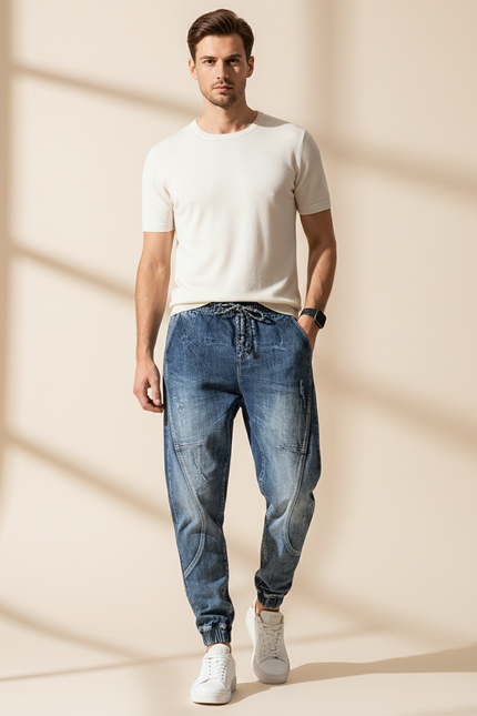 Pantalon Baggy Denim Décontracté Taille Élastique Homme - Bleu Jean