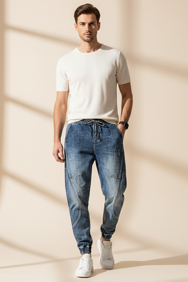 Pantalon Baggy Denim Décontracté Taille Élastique Homme - Bleu Jean
