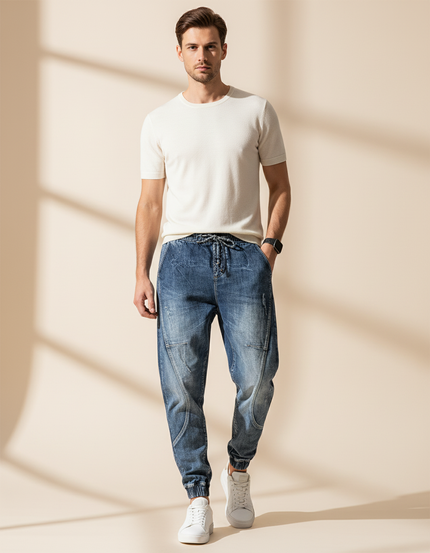 Pantalon Baggy Denim Décontracté Taille Élastique Homme - Bleu Jean