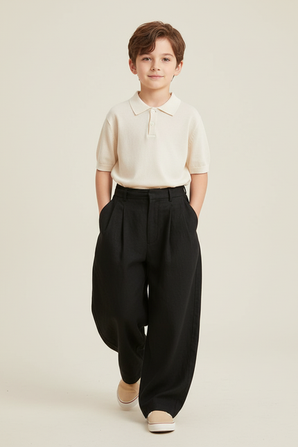 Pantalon Baggy Noir Ample Plissé Décontracté Garçon - Lin