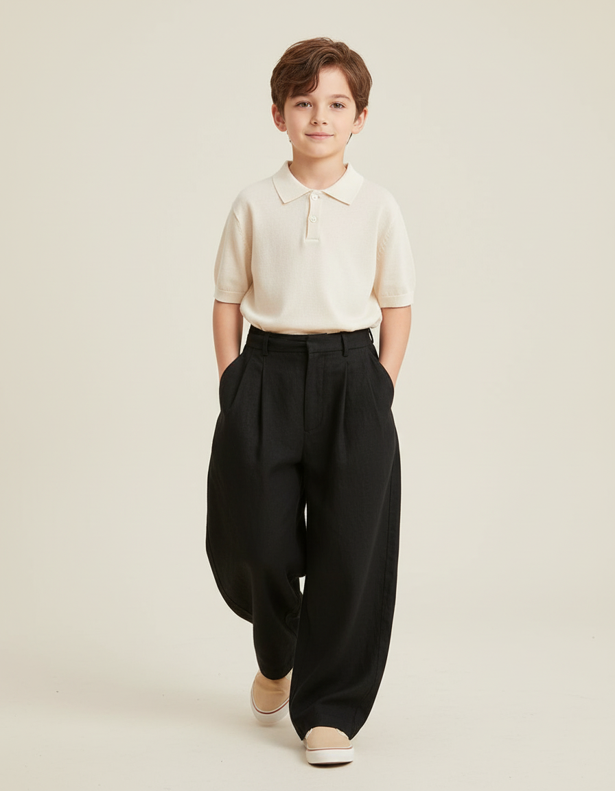 Pantalon Baggy Noir Ample Plissé Décontracté Garçon - Lin