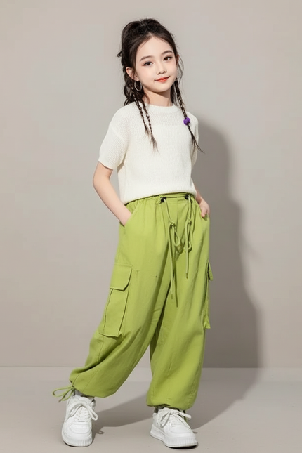 Pantalon Baggy Vert Ample Cargo Décontracté Fille - Coton