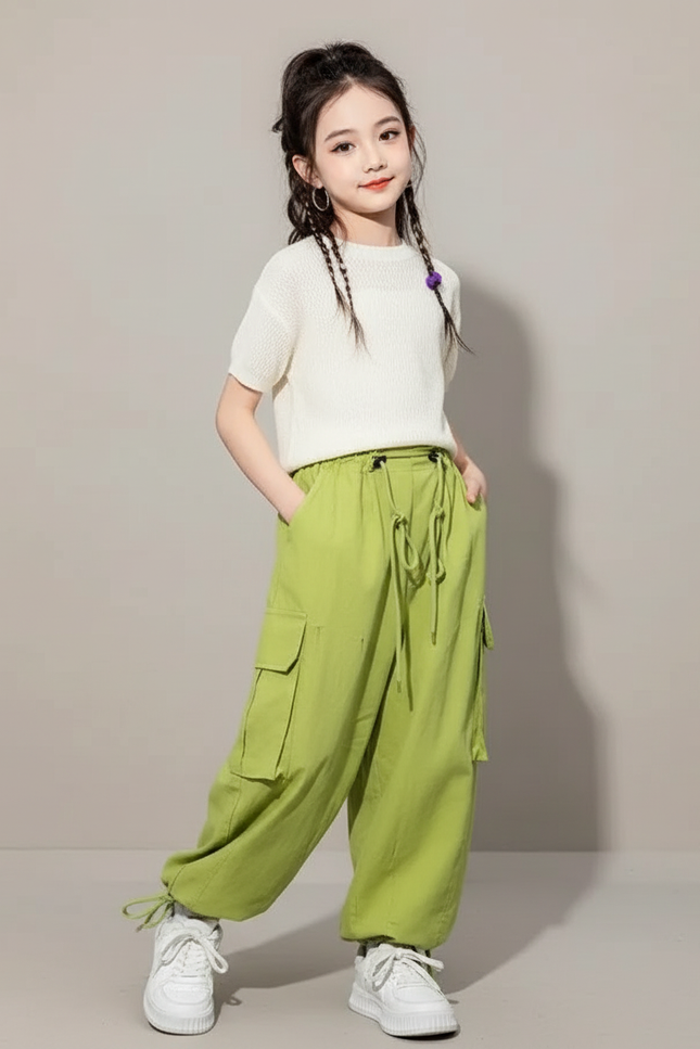 Pantalon Baggy Vert Ample Cargo Décontracté Fille - Coton