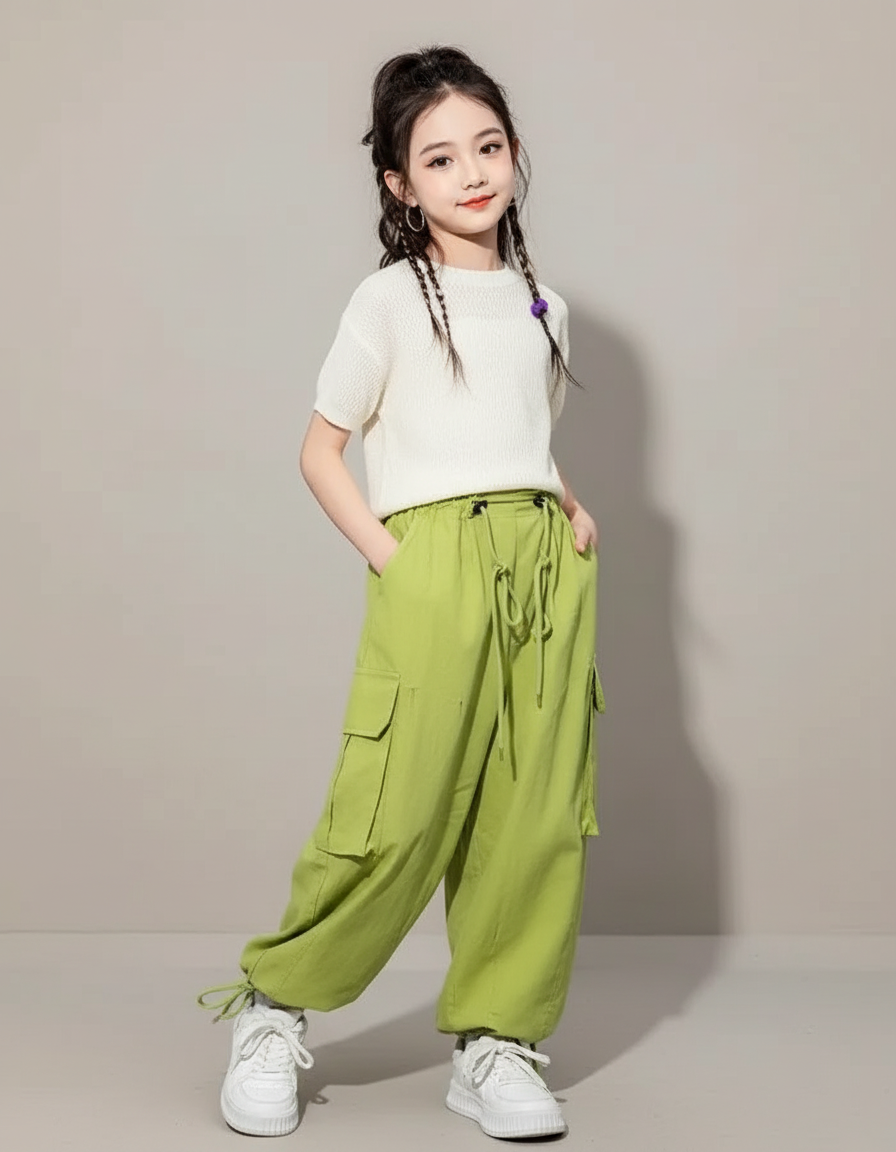 Pantalon Baggy Vert Ample Cargo Décontracté Fille - Coton