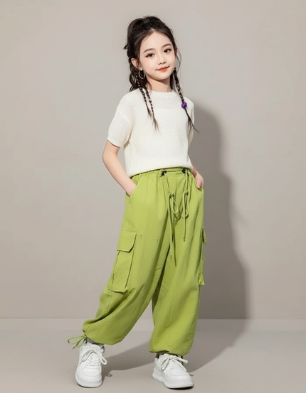 Pantalon Baggy Vert Ample Cargo Décontracté Fille - Coton