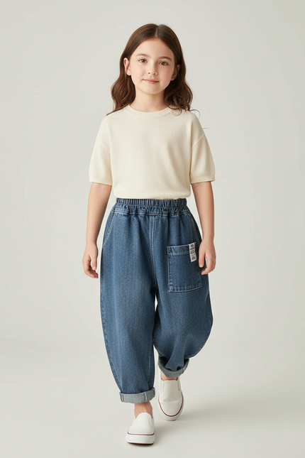 Pantalon Baggy Denim Ample Décontracté Enfant - Bleu Jean