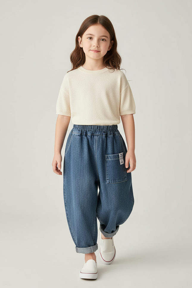 Pantalon Baggy Denim Ample Décontracté Enfant - Bleu Jean