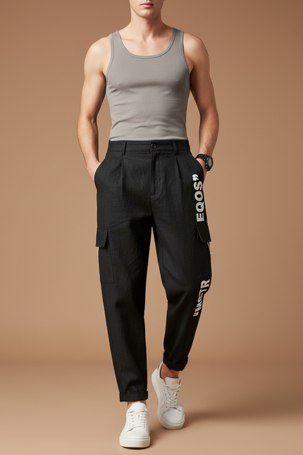 Pantalon Baggy Noir Cargo Décontracté Imprimé Homme - Lin