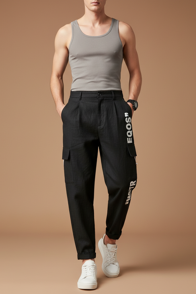 Pantalon Baggy Noir Cargo Décontracté Imprimé Homme - Lin