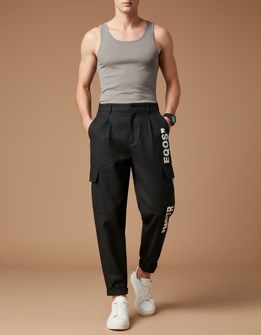 Pantalon Baggy Noir Cargo Décontracté Imprimé Homme - Lin
