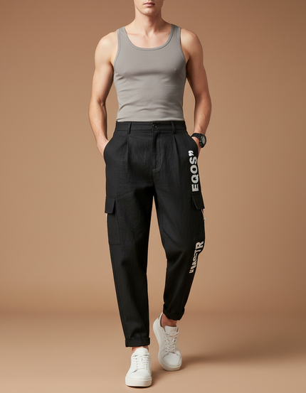 Pantalon Baggy Noir Cargo Décontracté Imprimé Homme - Lin