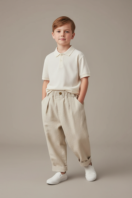 Pantalon Baggy Beige Coton Ample Enfant Décontracté