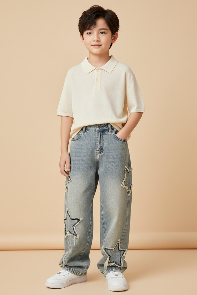 Pantalon Baggy Denim Bleu Étoiles Ample Garçon Décontracté - Jean