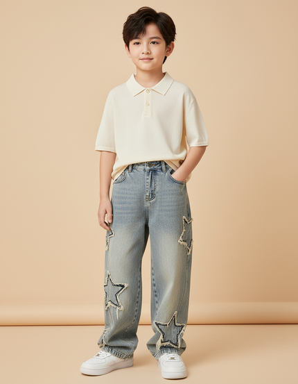 Pantalon Baggy Denim Bleu Étoiles Ample Garçon Décontracté - Jean
