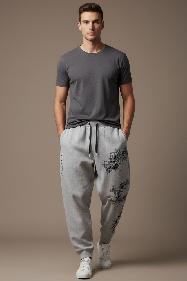 Pantalon Baggy Gris Dragon Japonais Décontracté Homme - Molleton
