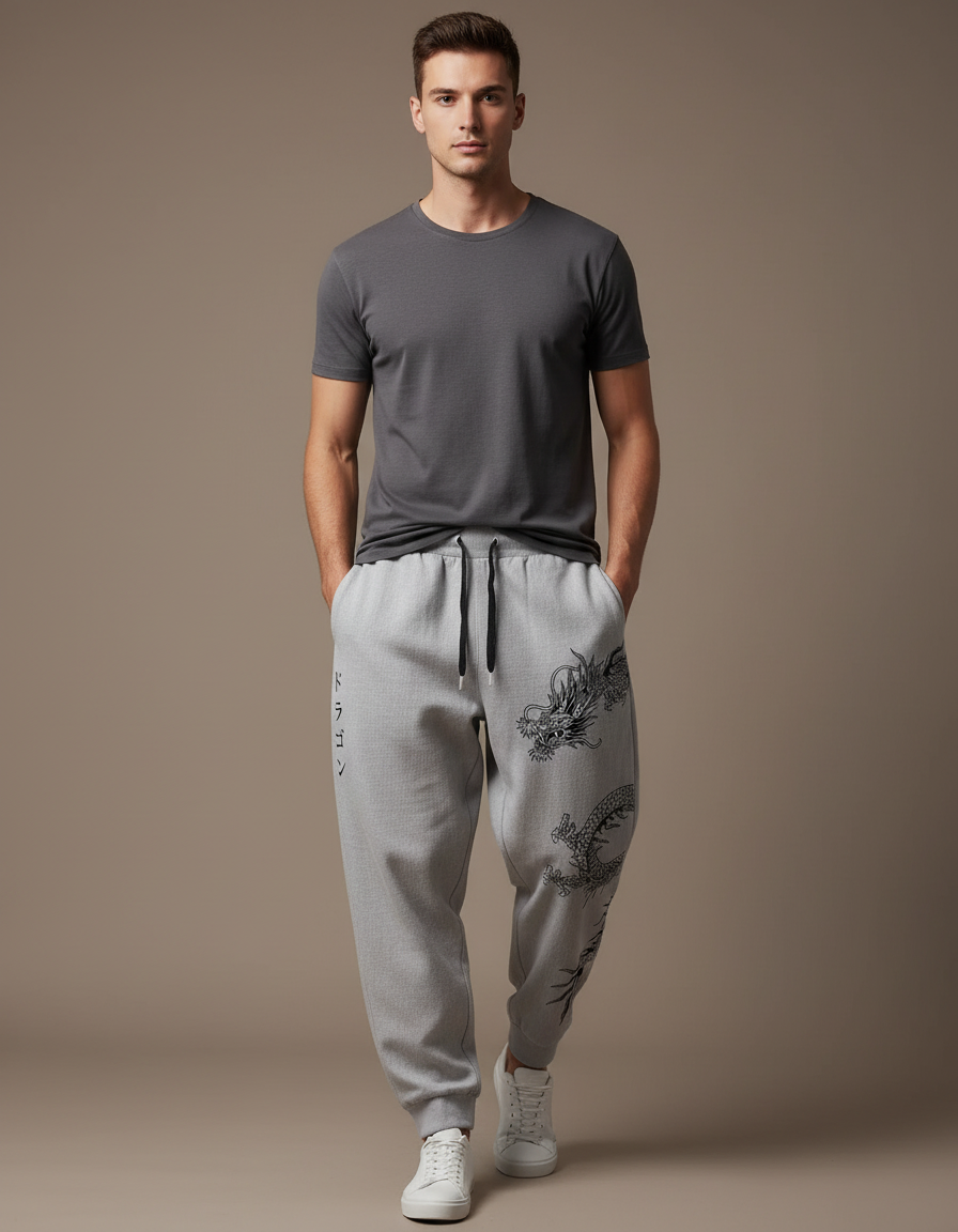 Pantalon Baggy Gris Dragon Japonais Décontracté Homme - Molleton