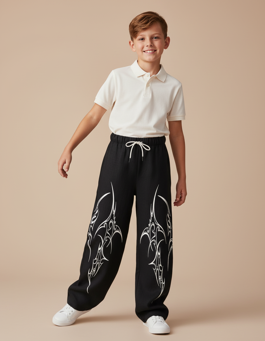 Pantalon Baggy Noir Ample Imprimé Tribal Enfant - Molleton