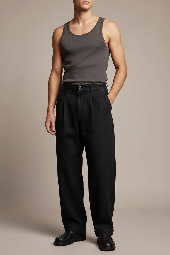 Pantalon Baggy Noir Ample Plissé Décontracté - Gabardine
