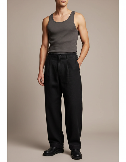 Pantalon Baggy Noir Ample Plissé Décontracté - Gabardine