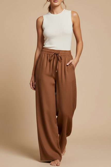 Pantalon Baggy Marron Lin Ample Fluide Cordon Décontracté
