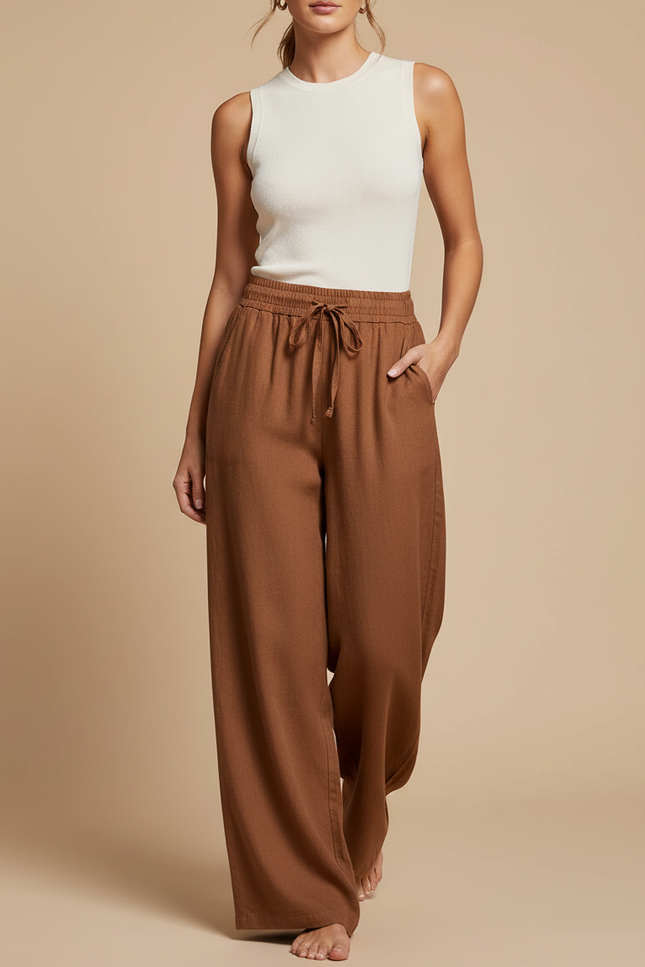 Pantalon Baggy Marron Lin Ample Fluide Cordon Décontracté