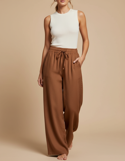 Pantalon Baggy Marron Lin Ample Fluide Cordon Décontracté