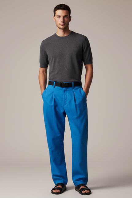 Pantalon Baggy Bleu Vif Plissé Ample Décontracté Homme - Toile