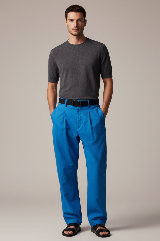 Pantalon Baggy Bleu Vif Plissé Ample Décontracté Homme - Toile