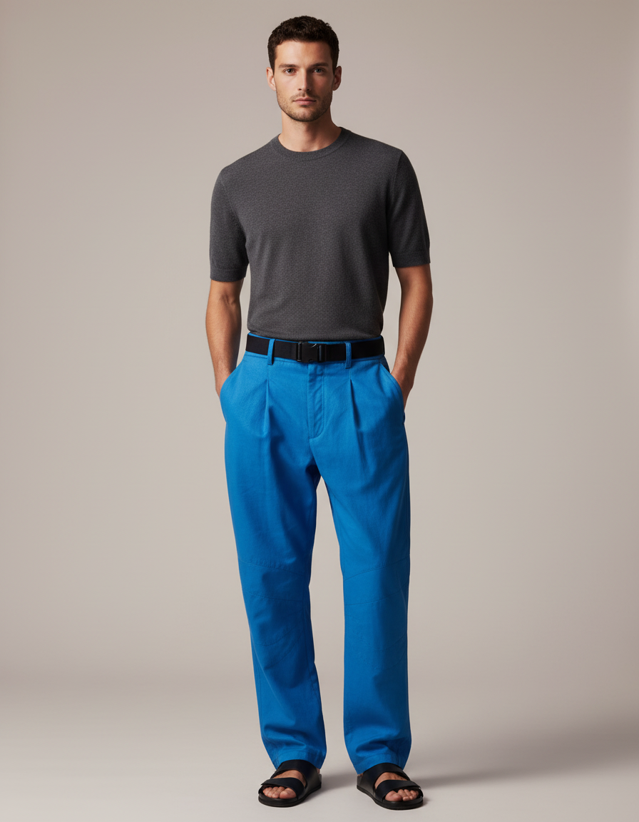 Pantalon Baggy Bleu Vif Plissé Ample Décontracté Homme - Toile