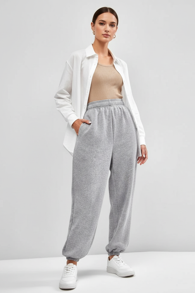 Pantalon Baggy Gris Molleton Ample Décontracté Femme Confortable