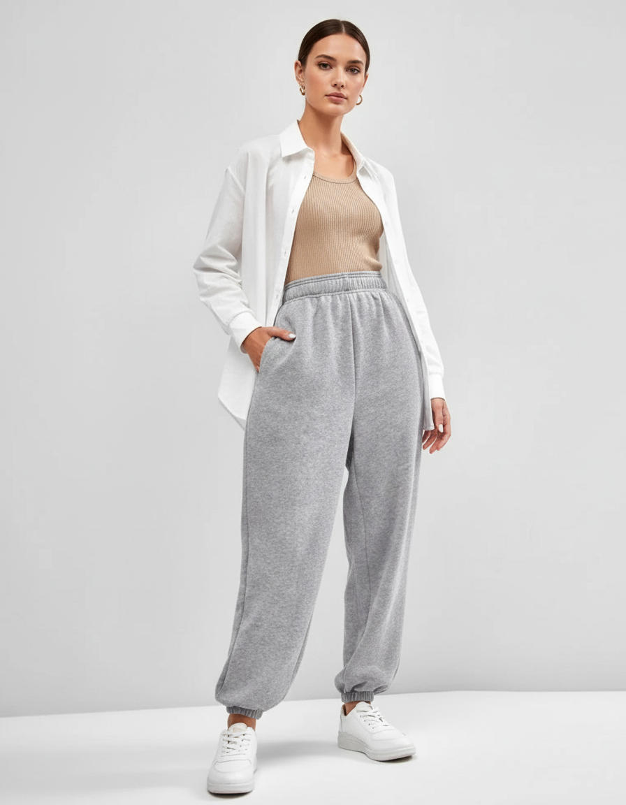 Pantalon Baggy Gris Molleton Ample Décontracté Femme Confortable