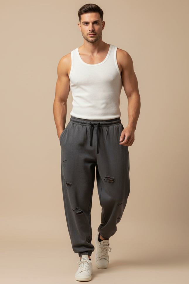 Pantalon Baggy Gris Déchiré Molleton Homme Sport
