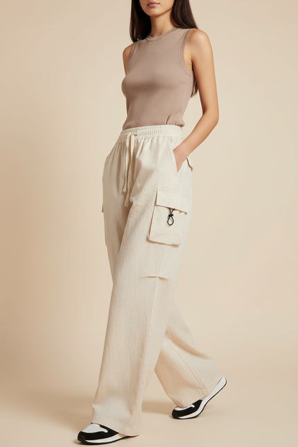 Pantalon Baggy Beige Coton Ample Cargo Cordon