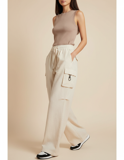 Pantalon Baggy Beige Coton Ample Cargo Cordon
