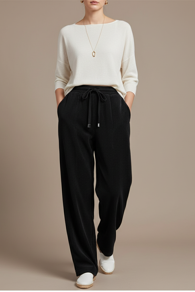 Pantalon Baggy Noir Côtelé Ample Décontracté Cordon - Cordé