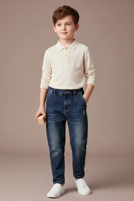 Pantalon Baggy Jean Bleu Foncé Plissé Garçon
