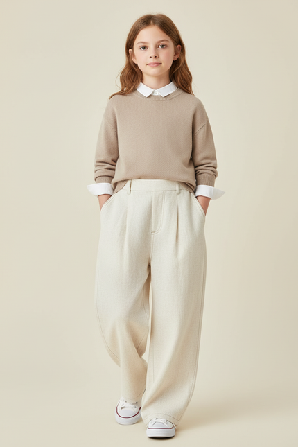 Pantalon Baggy Crème Ample Plissé Décontracté Enfant - Beige Lin