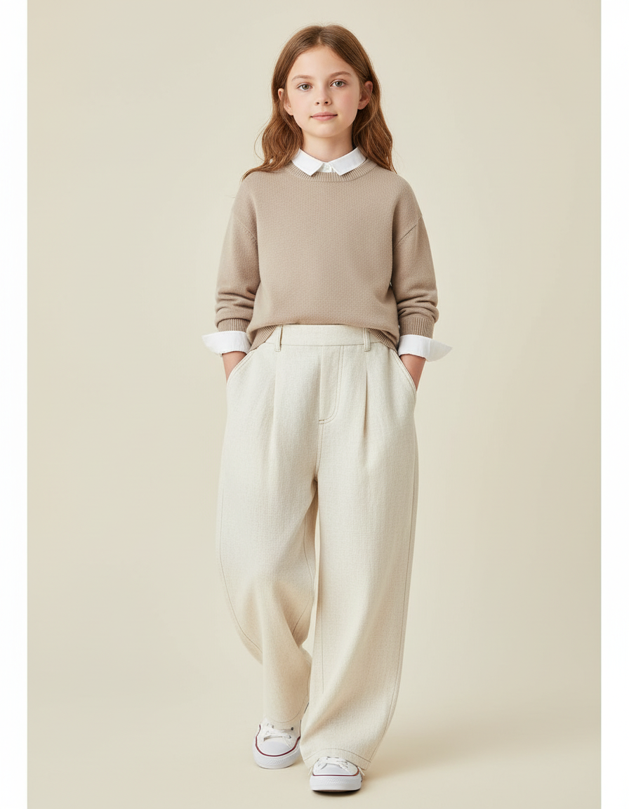 Pantalon Baggy Crème Ample Plissé Décontracté Enfant - Beige Lin