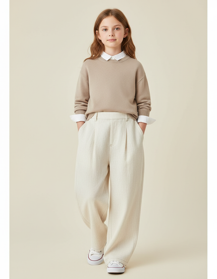 Pantalon Baggy Crème Ample Plissé Décontracté Enfant - Beige Lin