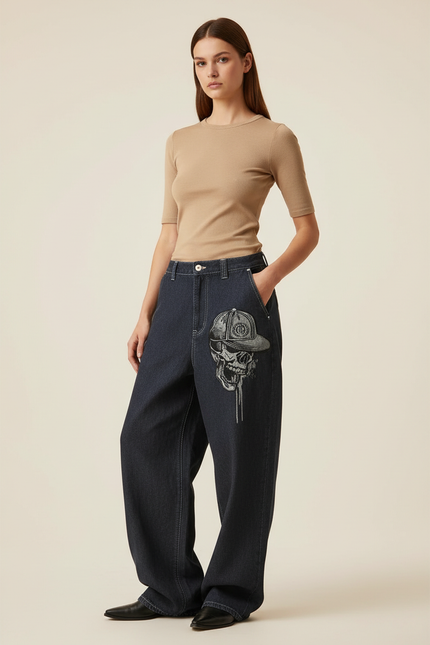 Pantalon Baggy Jean Denim Crâne Imprimé Ample Femme - Marine