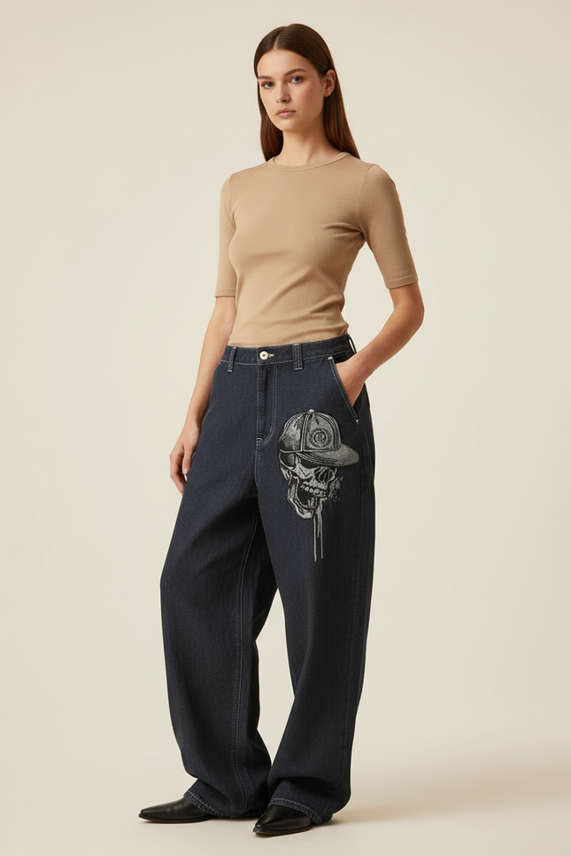 Pantalon Baggy Jean Denim Crâne Imprimé Ample Femme - Marine