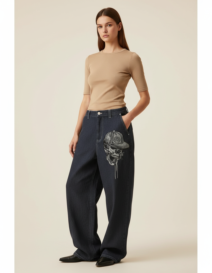 Pantalon Baggy Jean Denim Crâne Imprimé Ample Femme - Marine