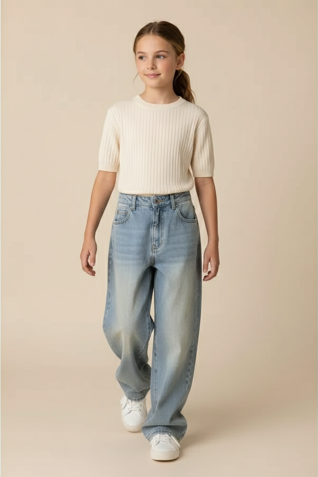 Pantalon Baggy Jean Bleu Délavé Ample Fille