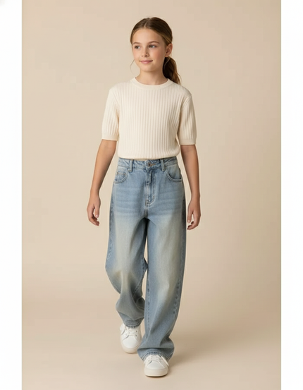 Pantalon Baggy Jean Bleu Délavé Ample Fille